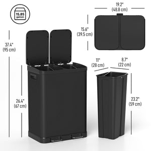  Kitchen Garbage Bin, 2 x 7.9 Gal (2 x 30 L) Trash Can, Soft-Close Garbage Can with Removable Inner Buckets, Black