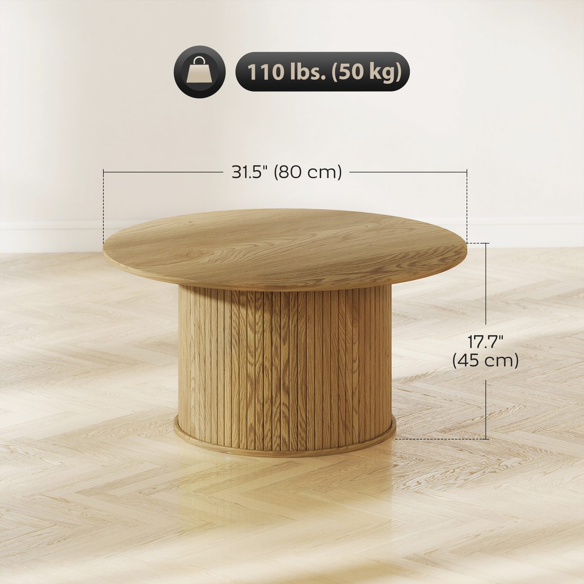 31.5" Round Coffee Table, Nordic Style Center Table with Fluted Cylindrical Base for Living Room, Oak