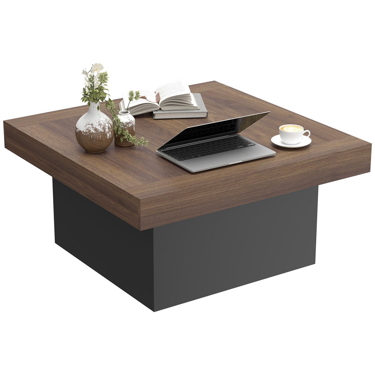  Square Coffee Table with 16-Colour LED Lights, 35-inch Modern Center Table for Living Room, Walnut