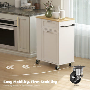  Rolling Kitchen Island with Trash Can Storage, Kitchen Island on Wheels with Spice & Rack, Drawer for Kitchen, White