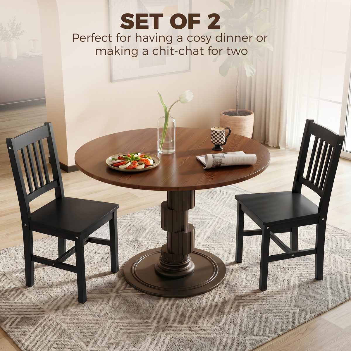  Dining Chairs Set of 2, Kitchen Chair with Slat Back, Pine Wood Structure for Living Room and Dining Room, Black