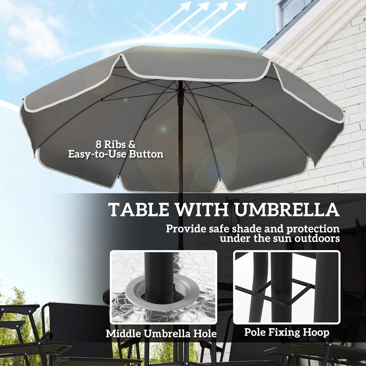  6 Pieces Patio Dining Set with Umbrella, Patio Furniture Set with Folding Chairs, Glass Table for Garden Backyard, Black