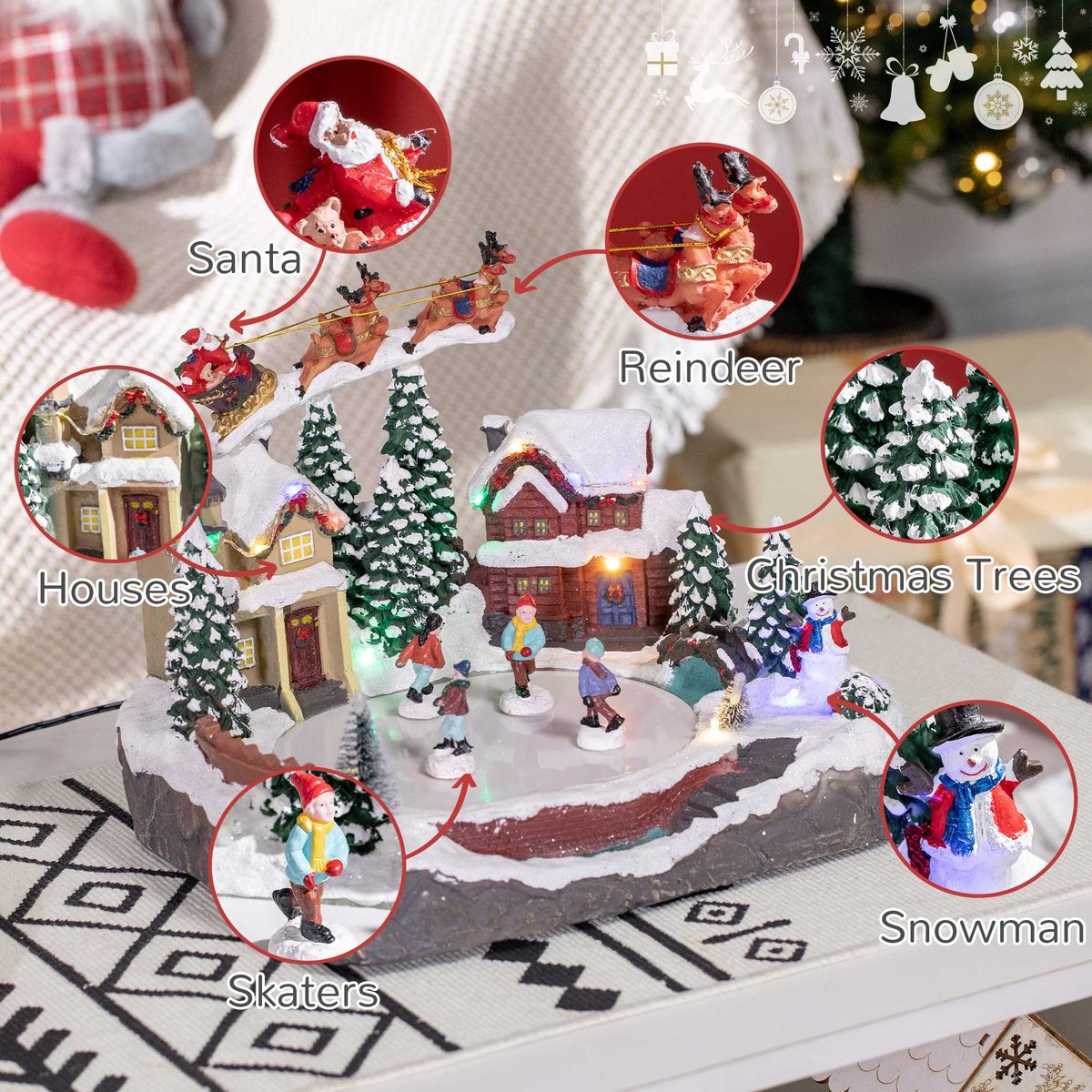  Christmas Village, Santa and Deer Skating Pond Animated Winter Wonderland Set with Multicolored LED Light, Plug-In Christmas Decoration