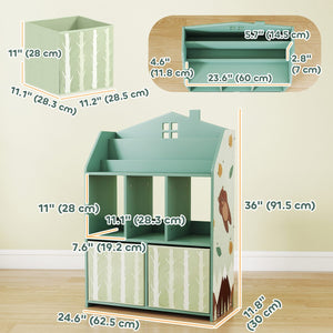 Qaba Kids Bookshelf with Storage, Toy Storage Unit with Book Display, Shelves and Fabric Drawers for Playroom Nursery, Green