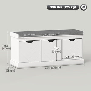 Shoe Storage Bench, Linen-Look Entryway Bench with 3 Removable Drawers and Padded Seat Cushion for Hallway, White