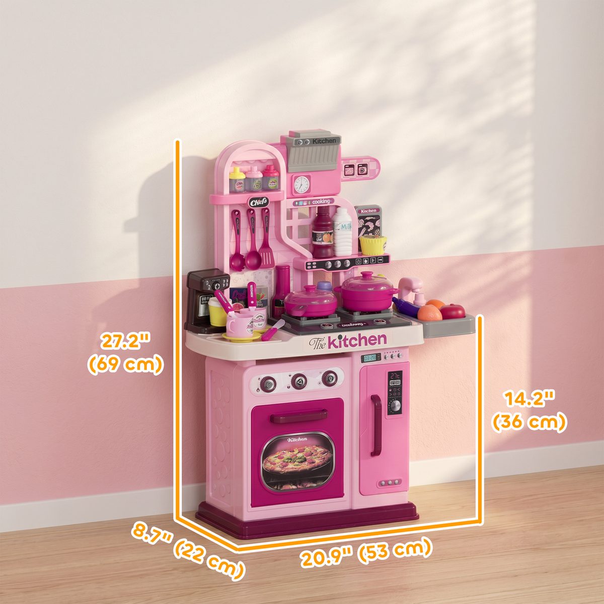 Qaba Kids Play Kitchen with Lights, Sounds, 33 Accessories & Storage for Toddler 3-6 Years