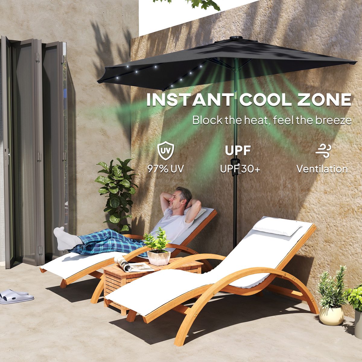  Half Outdoor Patio Umbrella with Solar LED Lights Half Umbrella with Crank 105.1" x 53.5" Black