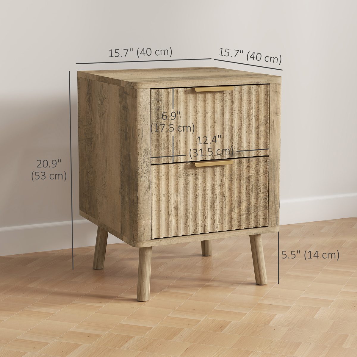  Night Stands Set of 2, Nightstands with Finger Pulls and Fluted Drawers, Bedside Tables with Round Edges, Oak