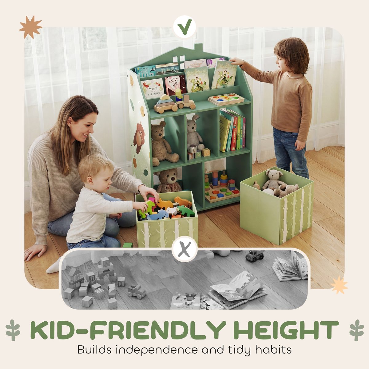 Qaba Kids Bookshelf with Storage, Toy Storage Unit with Book Display, Shelves and Fabric Drawers for Playroom Nursery, Green