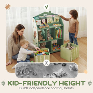 Qaba Kids Bookshelf with Storage, Toy Storage Unit with Book Display, Shelves and Fabric Drawers for Playroom Nursery, Green