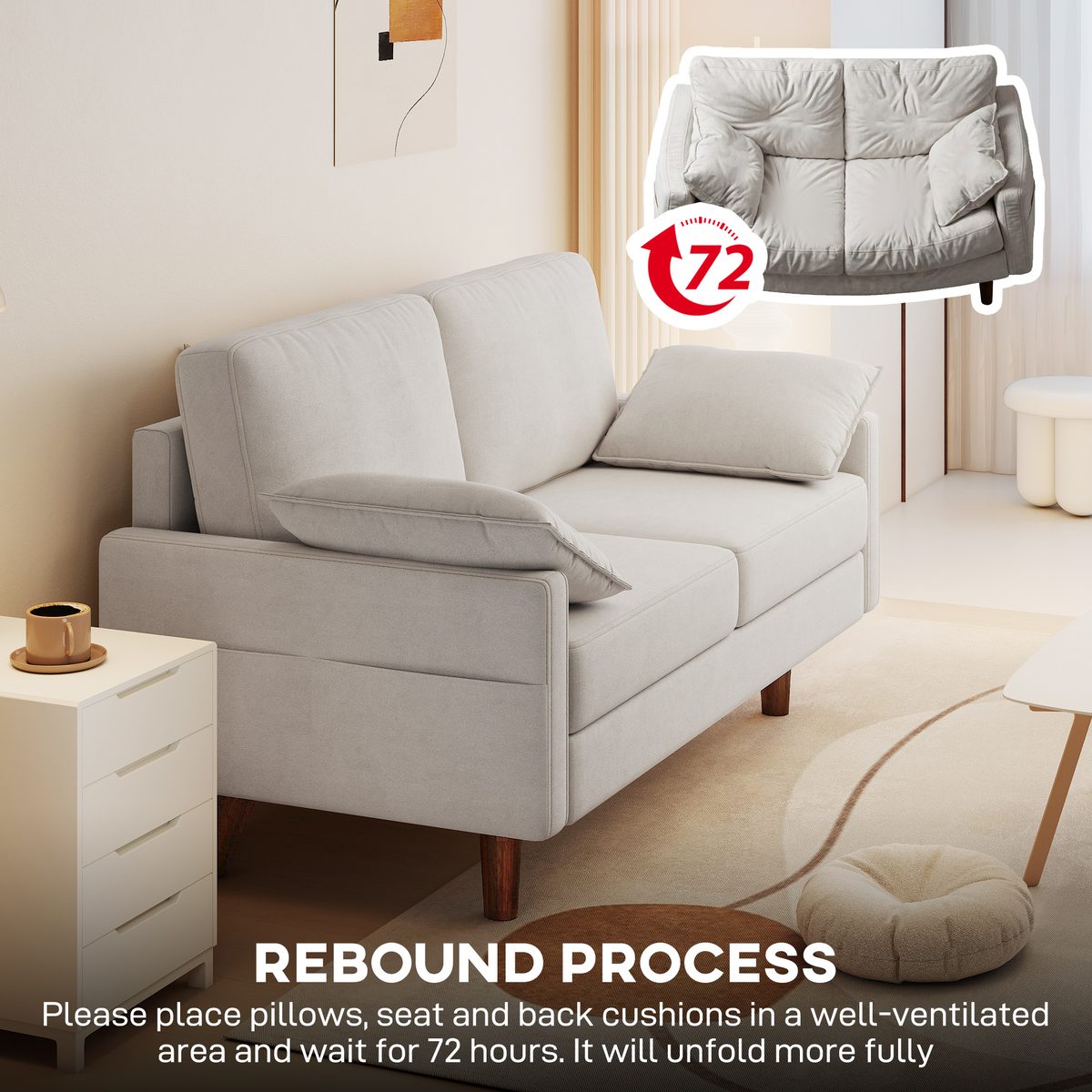  3 Seater Sofa, Velvet Upholstered Couch with Spring Cushions, Rubber Wood Legs and 2 Pillows, Cream White