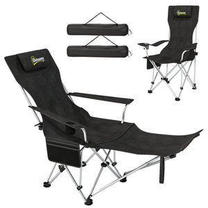  Set of 2 Reclining Camping Chair with Foot Rest, Folding Camping Chair w/ Headrest, Cup Holder, Storage Bag, Black