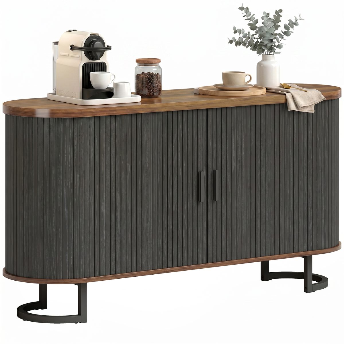  Fluted Sideboard Buffet Cabinet, 55" Modern Coffee Bar Cabinet with Sliding Doors and Adjustable Shelves, Black