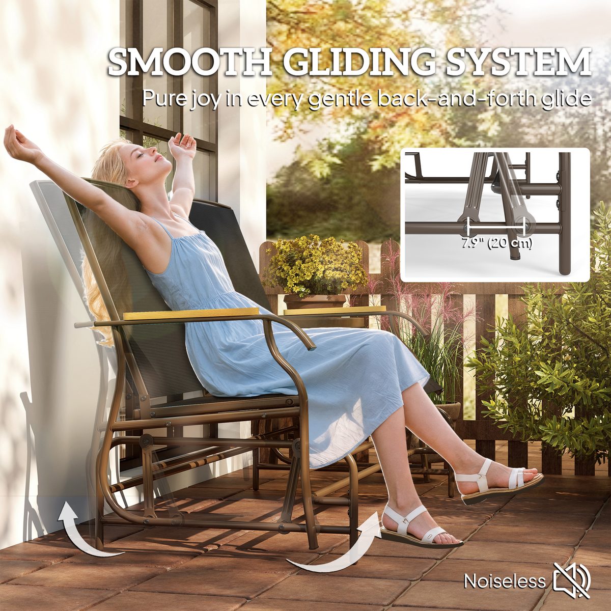  Outdoor 2-Person Glider Bench, Outside Swing Glider Chair Loveseat with Breathable Mesh, Table, Steel Frame