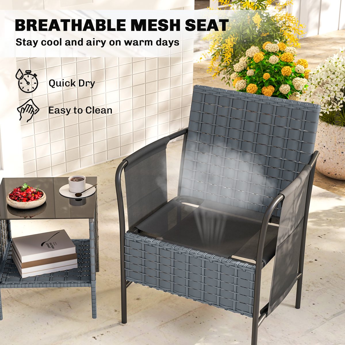  3 Piece Wicker Patio Furniture Set, Outdoor Bistro Set, Side Pockets, Mesh Seat, 2 Tier Glass Table, Cushions, Black