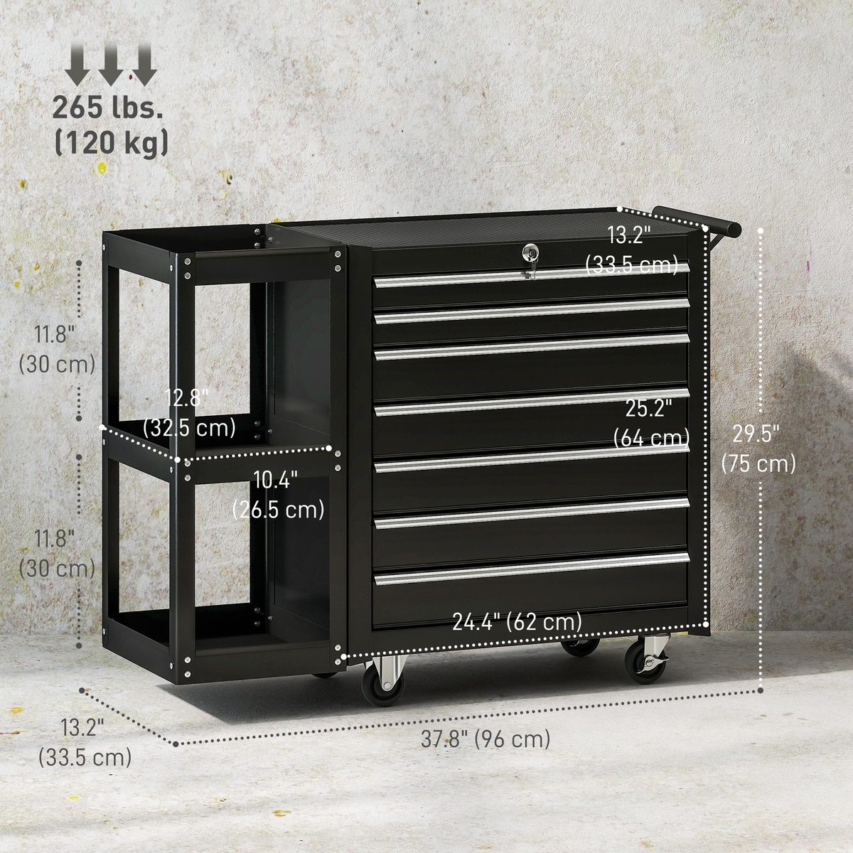  7-Drawer Rolling Tool Chest with Detachable Side Shelf, Lockable Tool Cabinet Box Organizer with Wheels, Black
