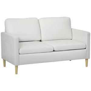  56" 2 Seat Sofa, Modern Love Seats Furniture, Upholstered 2 Seater Couch with Side Pockets, Solid Wood Frame, White