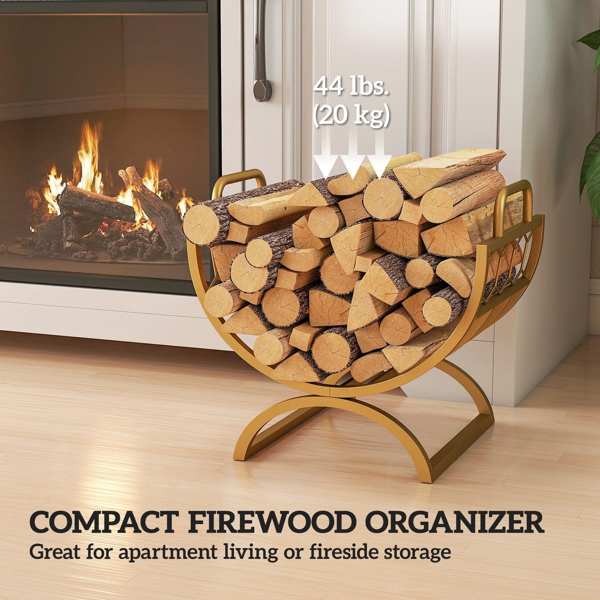  Firewood Rack Outdoor, Heavy Duty Log Holder with Handles for Indoor Outdoor Fireplace Storage 18" x 14" x 16", Gold