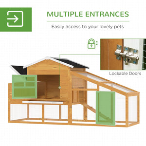  79" Wooden Chicken Coop, Outdoor Hen House, Poultry Habitat with Removable Tray, Nesting Box, Run, Ramp, Brown