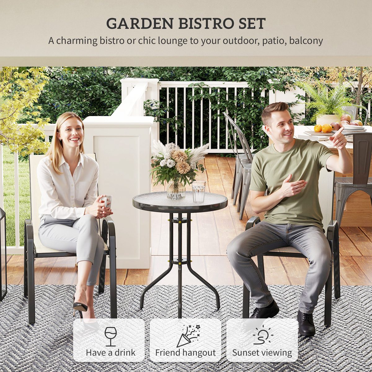  3 Pieces Bistro Set, Small Patio Furniture Set with Stackable Mesh Chairs, Glass Table for Garden, Balcony, Beige