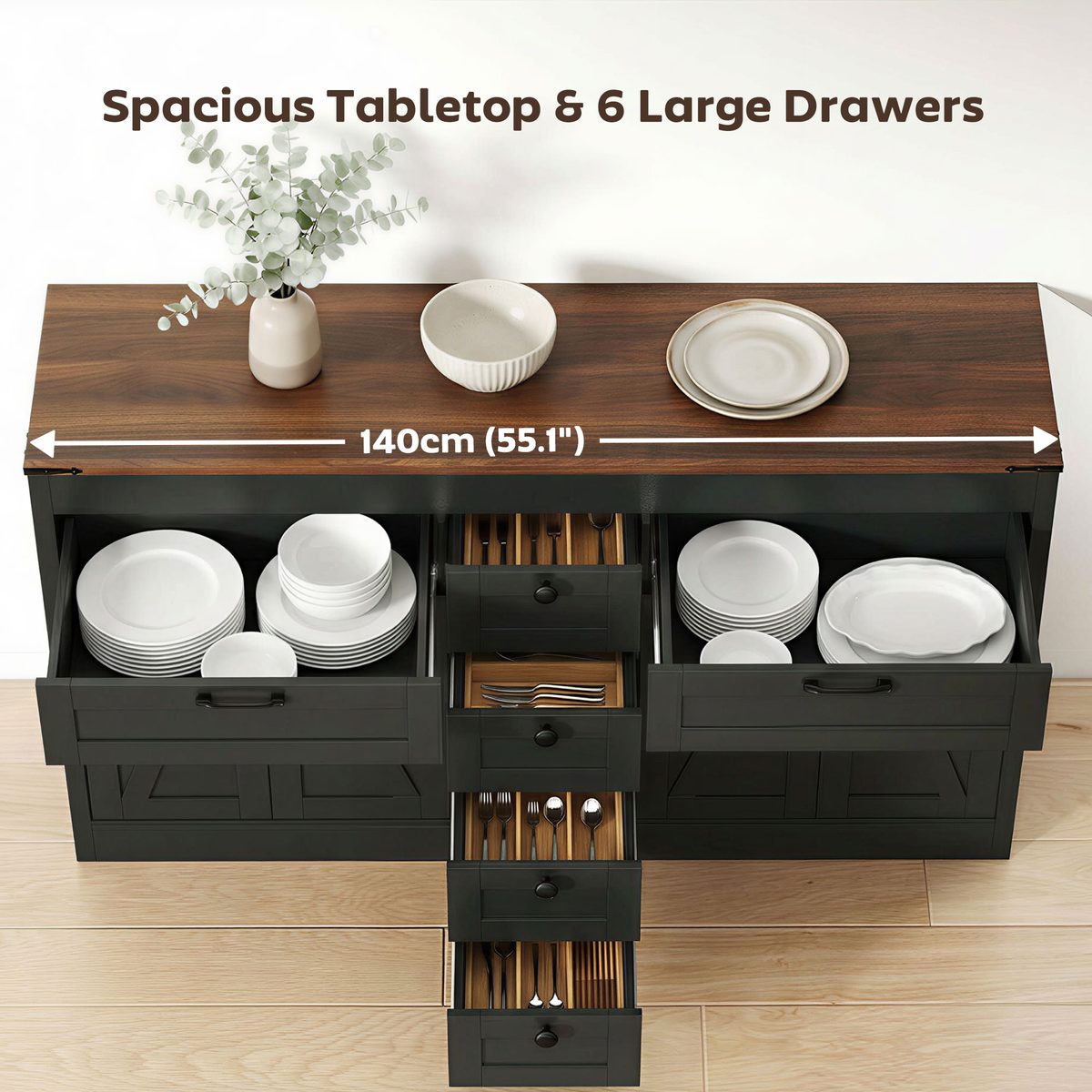  Sideboard Buffet Cabinet, 55" Farmhouse Kitchen Cabinet with 4 Barn Doors, 6 Drawers and 2 Adjustable Shelves, Black