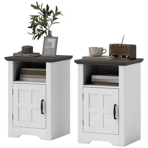  Set of 2 Side Tables with Barn Door and Open Shelf, Farmhouse End Tables with Cabinet, Nightstands for Living Room