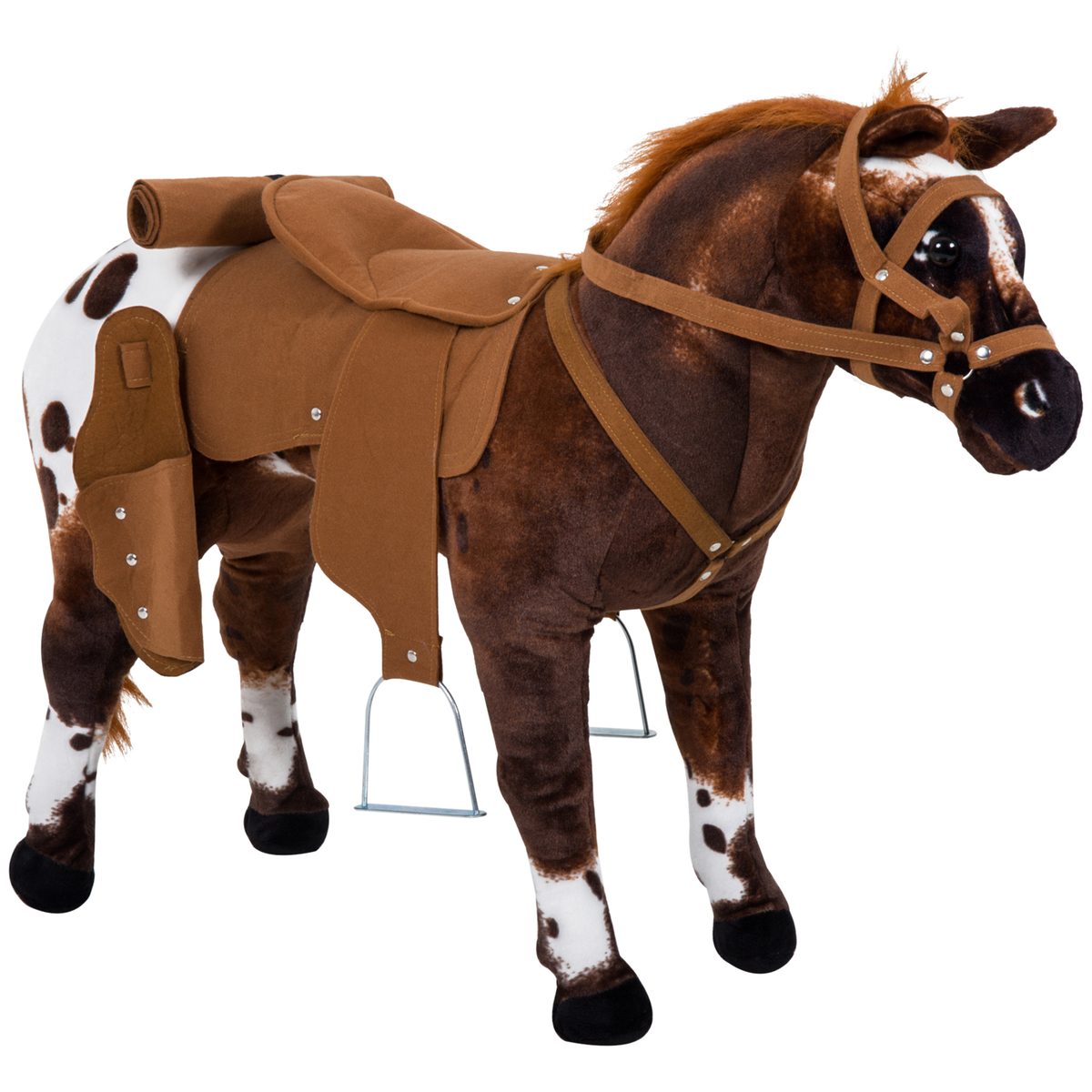 Qaba Standing Ride on Horse, Plush Pony Toy for Kids with Neighing Sound, Soft Padding, for Cowboy Cowgirl Aged 3-8 Years Old, Brown
