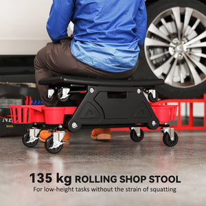  Rolling Garage Stool with Wheels, 300 LBS Capacity Padded Mechanic Stool with Tool Trays Storage, Black