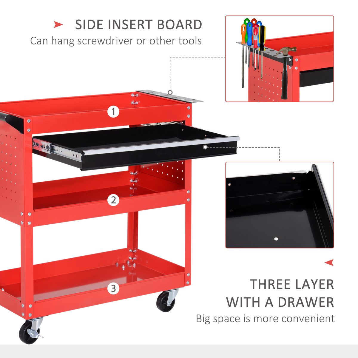  Tool Cart on Wheels, Utility Cart with Wheels, Ball Bearing Drawer, Storage Trays for Garage, Warehouse, Workshop, Red