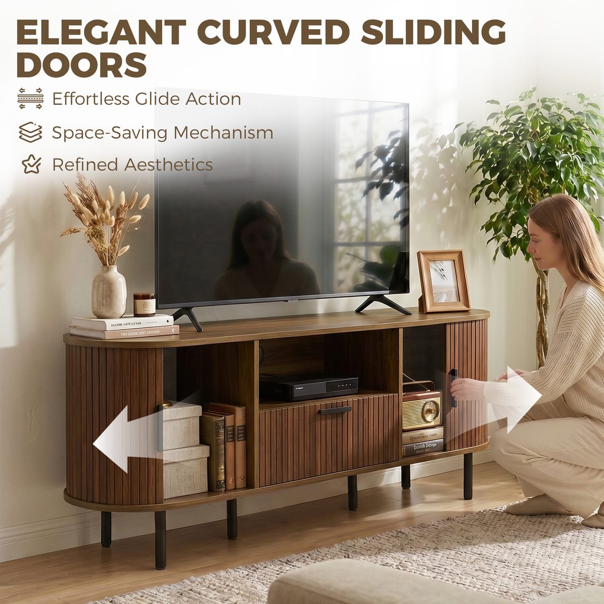  TV Stand for TVs up to 60", Modern Entertainment Center with Curved Sliding Doors and Storage, Brown
