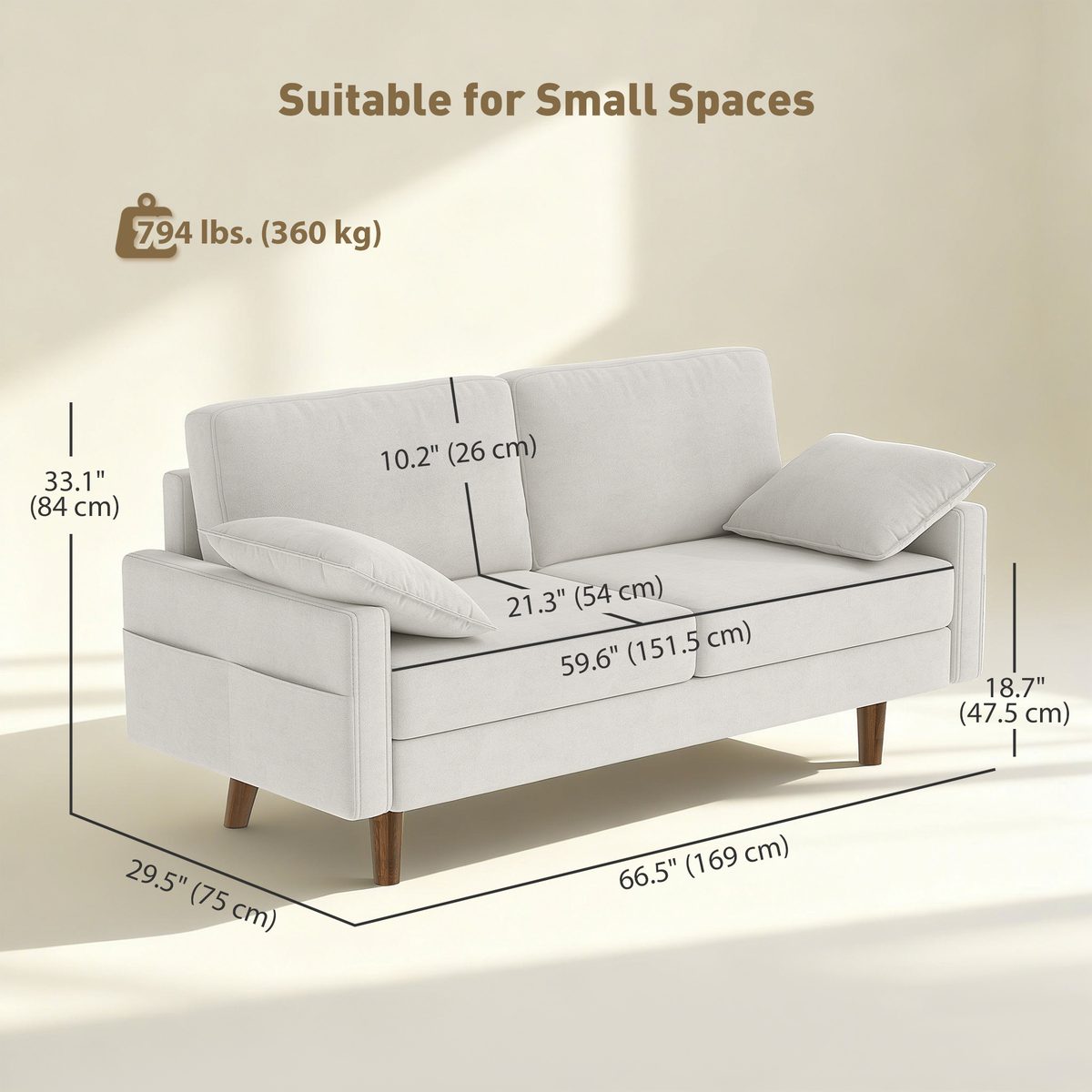 3 Seater Sofa, Velvet Upholstered Couch with Spring Cushions, Rubber Wood Legs and 2 Pillows, Cream White