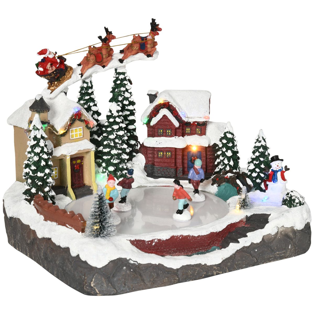  Christmas Village, Santa and Deer Skating Pond Animated Winter Wonderland Set with Multicolored LED Light, Plug-In Christmas Decoration