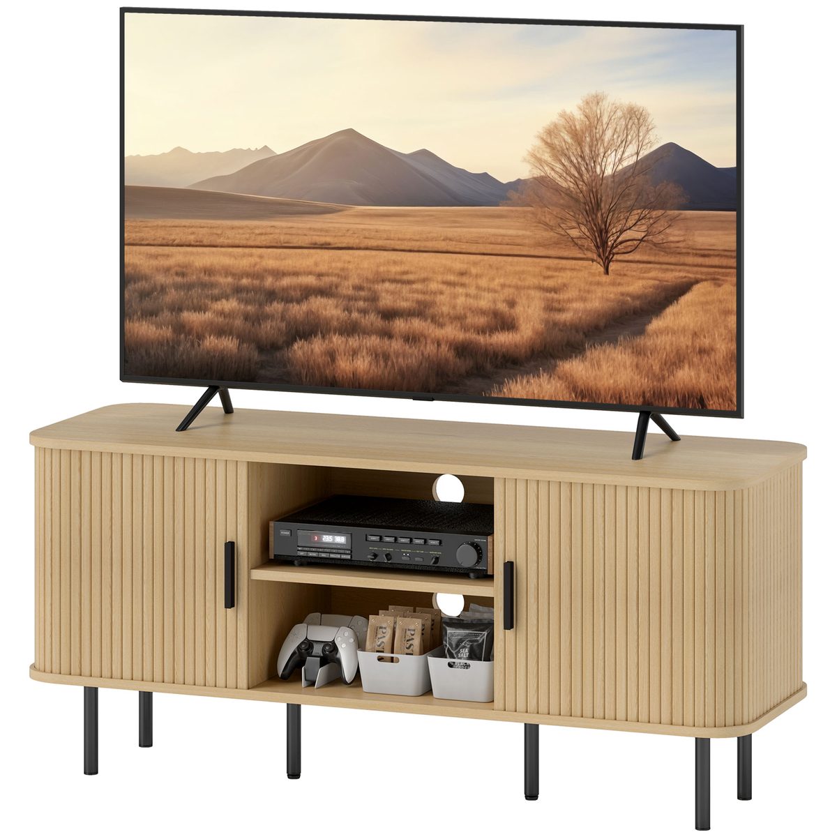  TV Stand Cabinet for TVs up to 55 Inches, TV Unit with Storage Shelves and Cabinets for Living Room, Oak Tone