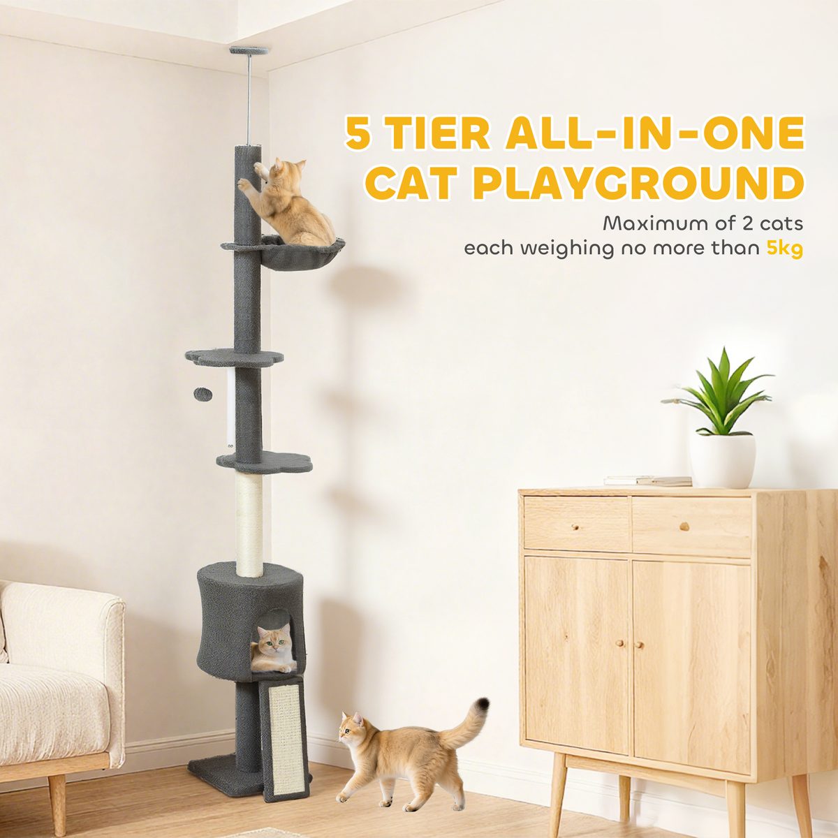  87"-94.5" Floor to Ceiling Cat Tree with Sisal Scratching Post, Condo, Hammock, Ramp, Perches, Dark Grey