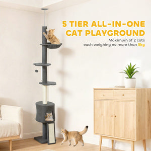  87"-94.5" Floor to Ceiling Cat Tree with Sisal Scratching Post, Condo, Hammock, Ramp, Perches, Dark Grey
