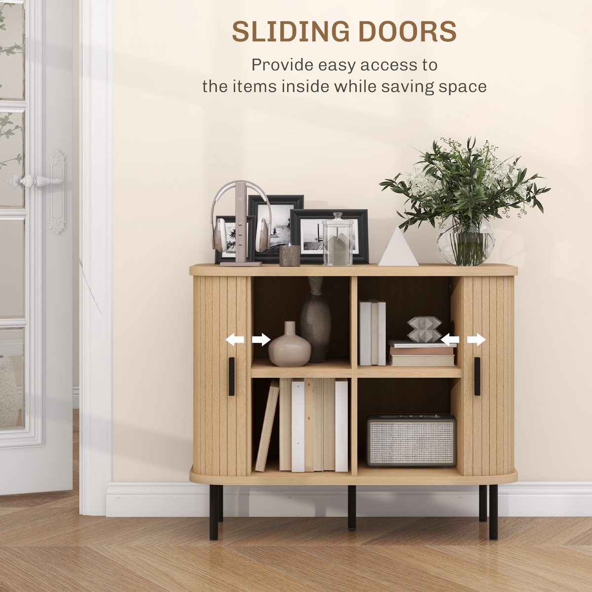  35.4" Sideboard Buffet Cabinet with Storage, Nordic Coffee Bar Cabinet with Slatted Tambour Doors and Metal Legs, Oak