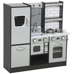 Qaba Play Kitchen for Kids, Pretend Kids Kitchen Playset with Switch Knob Sound, Accessories for Ages 3-8 Years, Dark Brown