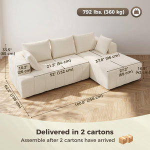  101" Modular Sectional Sofa with Chaise, Chenille Boneless Cloud Sofa Bed, 3 Seater L-Shaped Couch, No Assembly, Beige