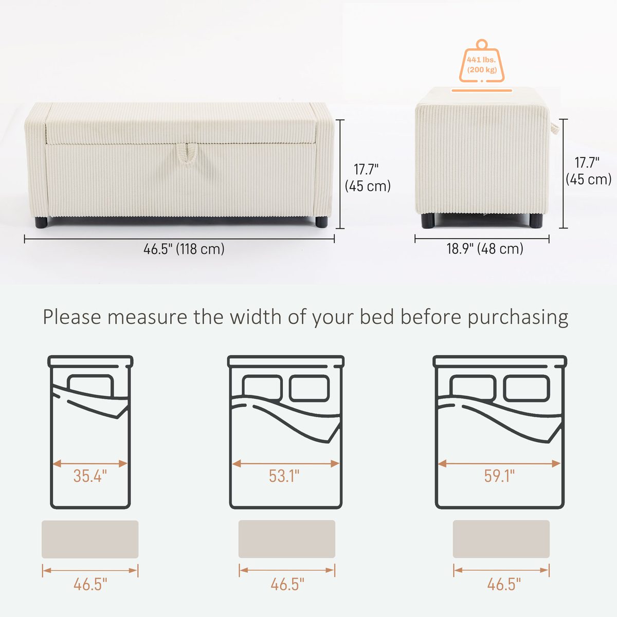  Storage Ottoman, Upholstered Corduroy End of Bed Bench with Thick Padding, Storage Bench for Bedroom, Beige