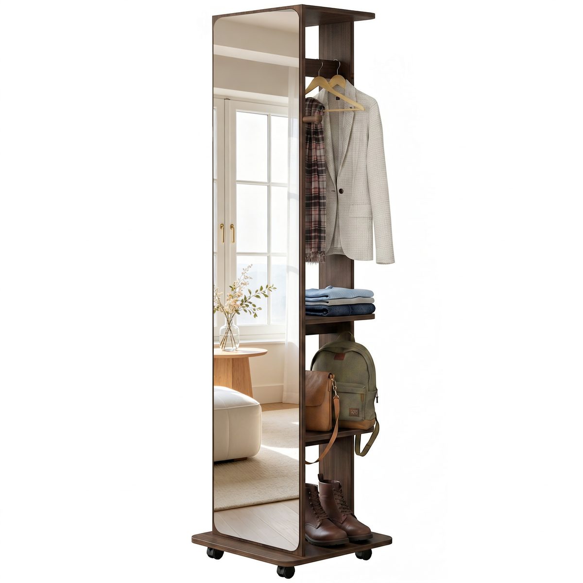  15" x 62" Full Length Mirror, Tempered Glass Floor Mirror on Wheels with Storage Shelves, Coat Hangers, Brown Wood Grain