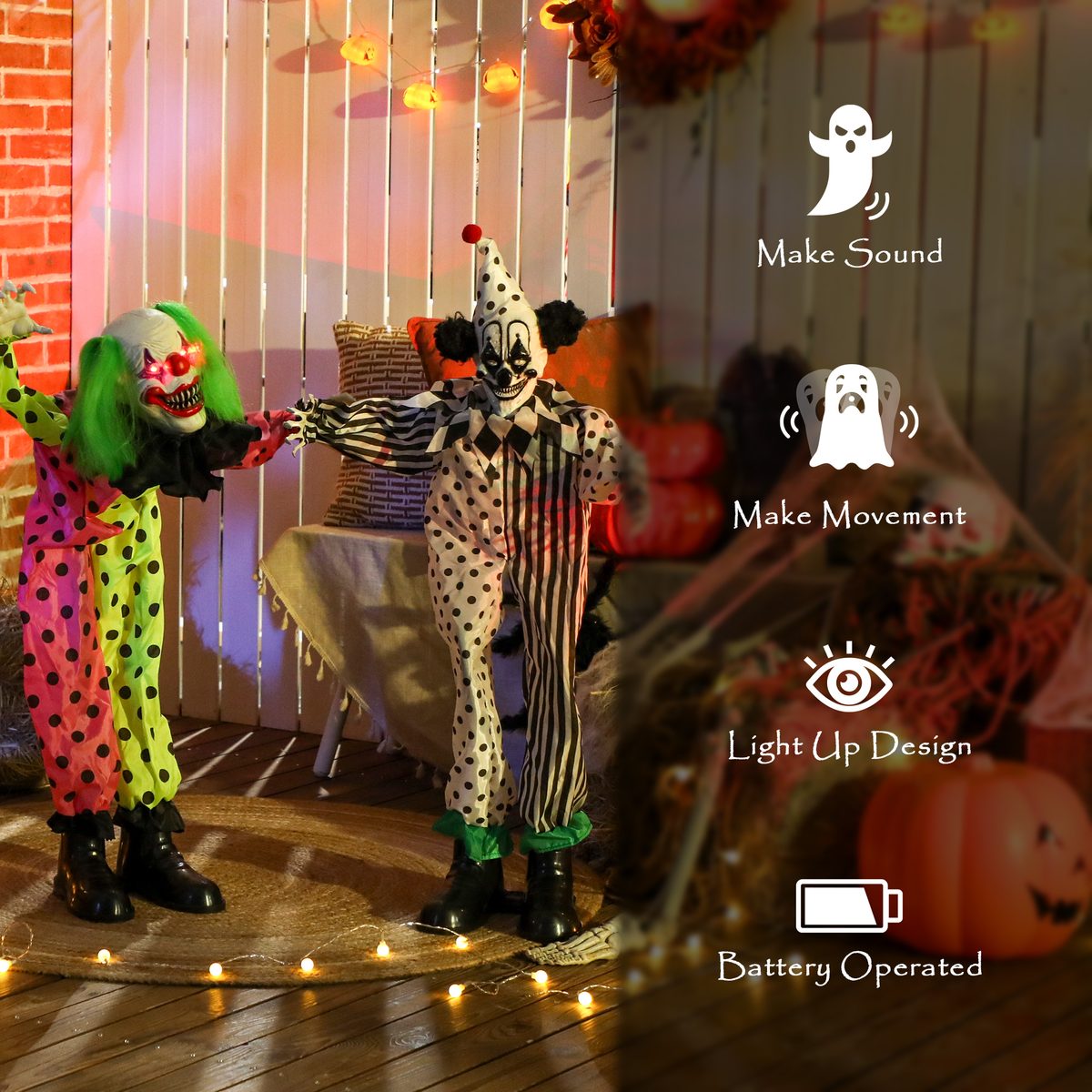  Life Size Stackable Halloween Animated Clown with Red Light Up Eyes, Sound Activated Scary Clown Halloween Decorations