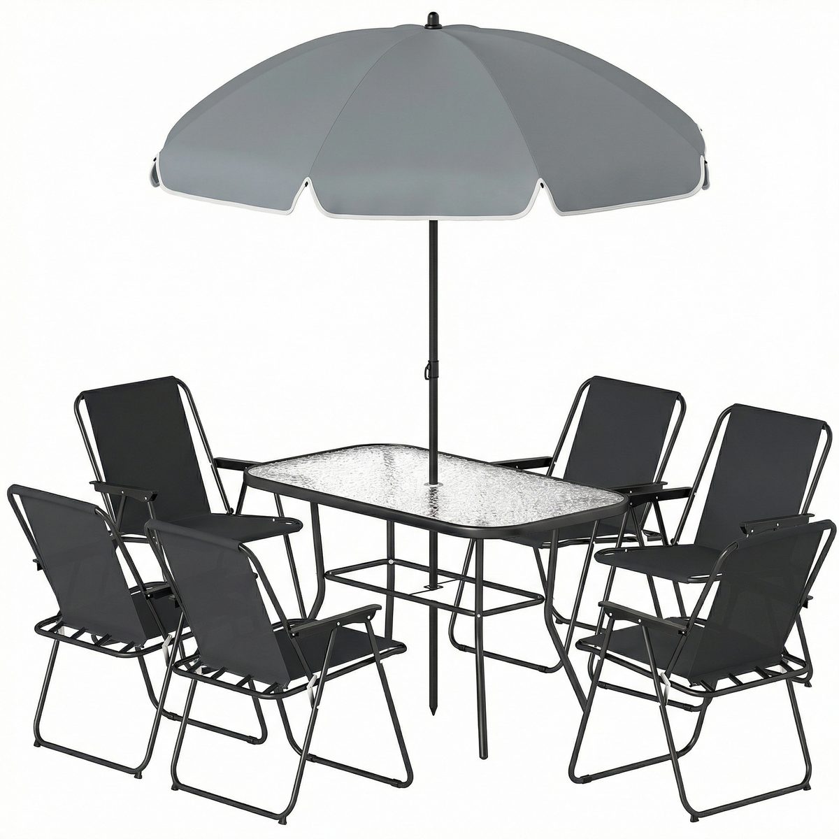  8 Piece Patio Table and Chairs Set with Folding Chairs, Tempered Glass Tabletop and Umbrella for Garden, Black
