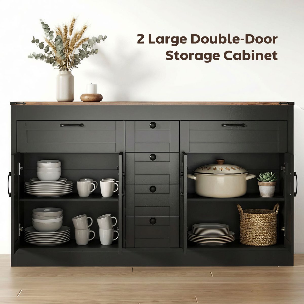  Sideboard Buffet Cabinet, 55" Farmhouse Kitchen Cabinet with 4 Barn Doors, 6 Drawers and 2 Adjustable Shelves, Black