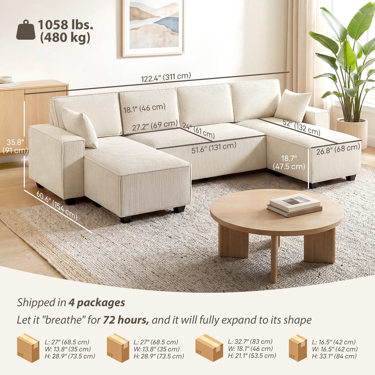  Modular U Shaped Couch, Sectional Sofa with Double Chaises and Spring Cushions, Beige