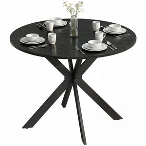  39" Dining Table, Contemporary Round Kitchen Table with Steel Legs, Black Wood Grain