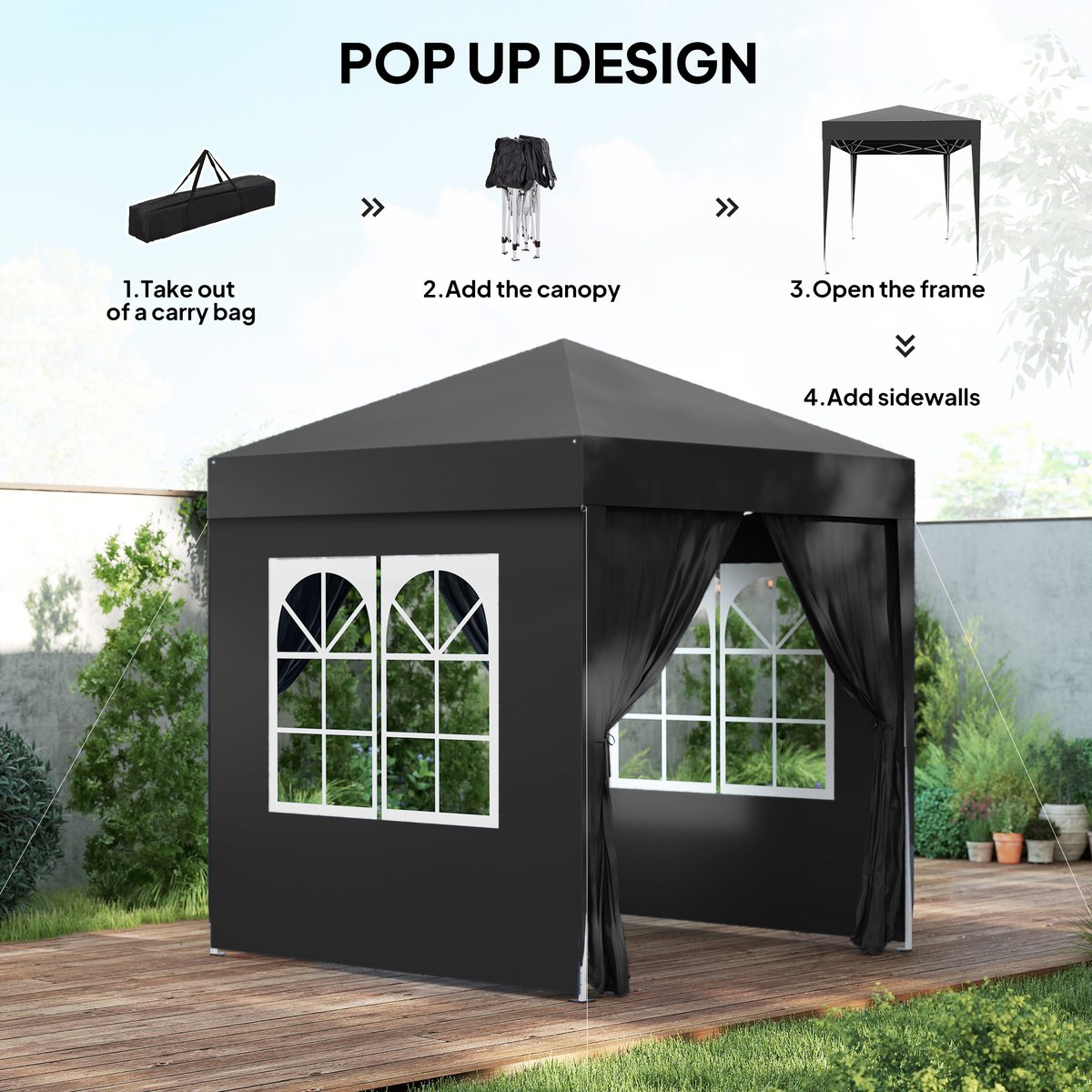  6.6'x6.6' Pop Up Canopy Tent with Sidewalls, Instant Sun Shelter Camping Gazebo with Carry Bag, Black