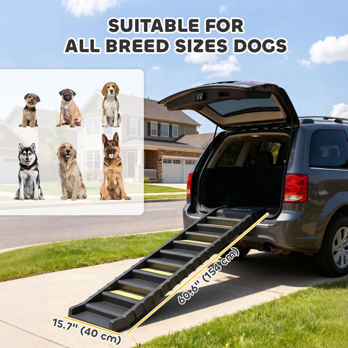  Foldable Dog Car Ramp, Dog Ramp with Anti-Slip Steps, Pet Stairs for Senior Pets to Access Cars and High Beds, Black