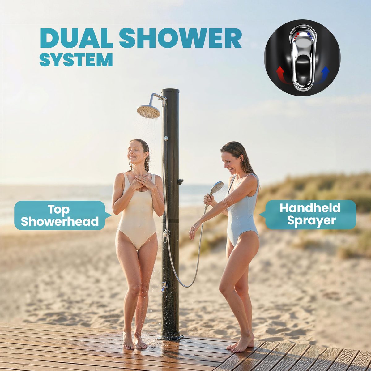  10.6 Gal Solar Heated Shower, 7.2 FT Outdoor Shower with 2 Shower Heads, Adjustable Temperature, Foot Faucet