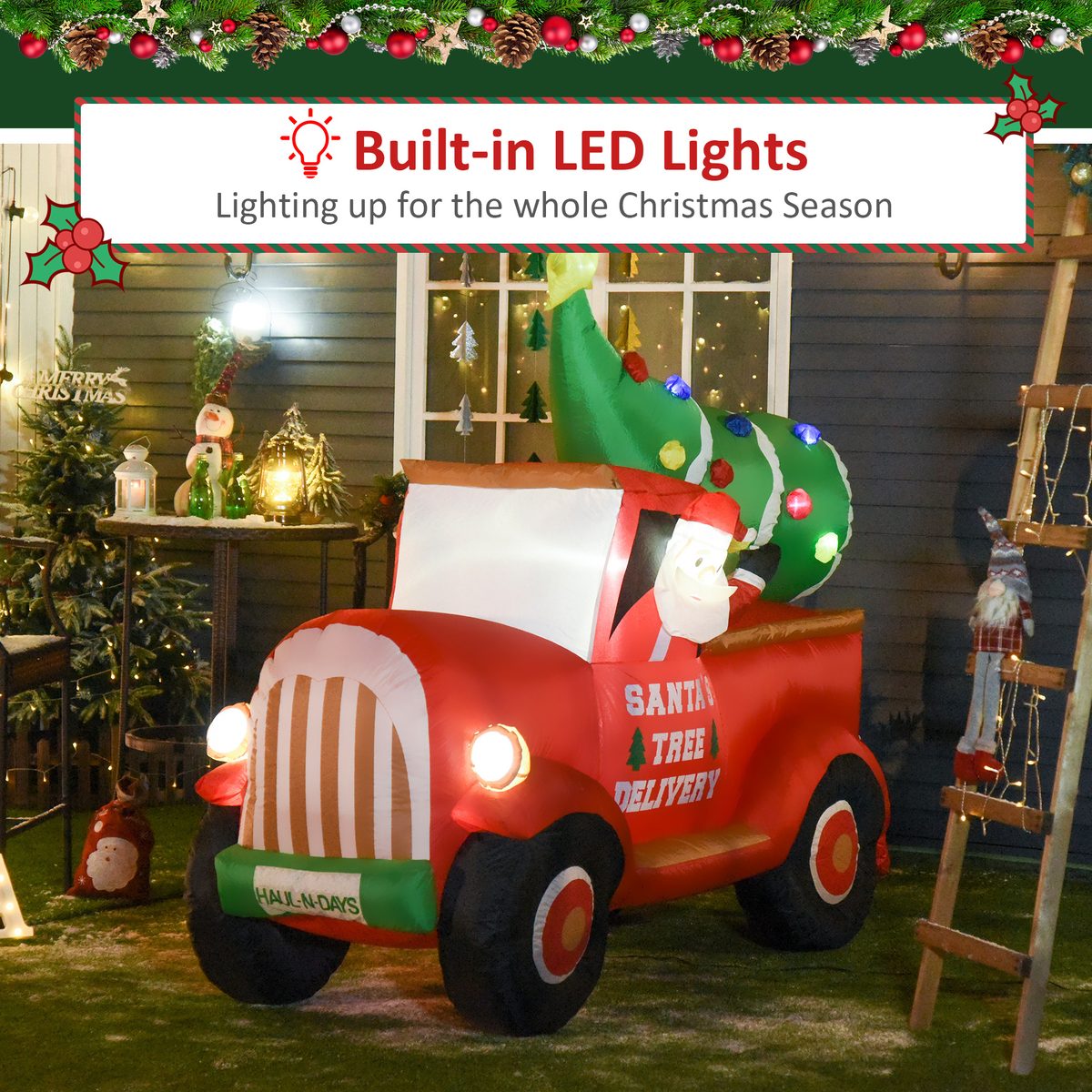  6ft Christmas Inflatable Santa Claus Driving A Truck with LED Lights, Blow-Up Outdoor LED Yard Display for Lawn, Garden, Party