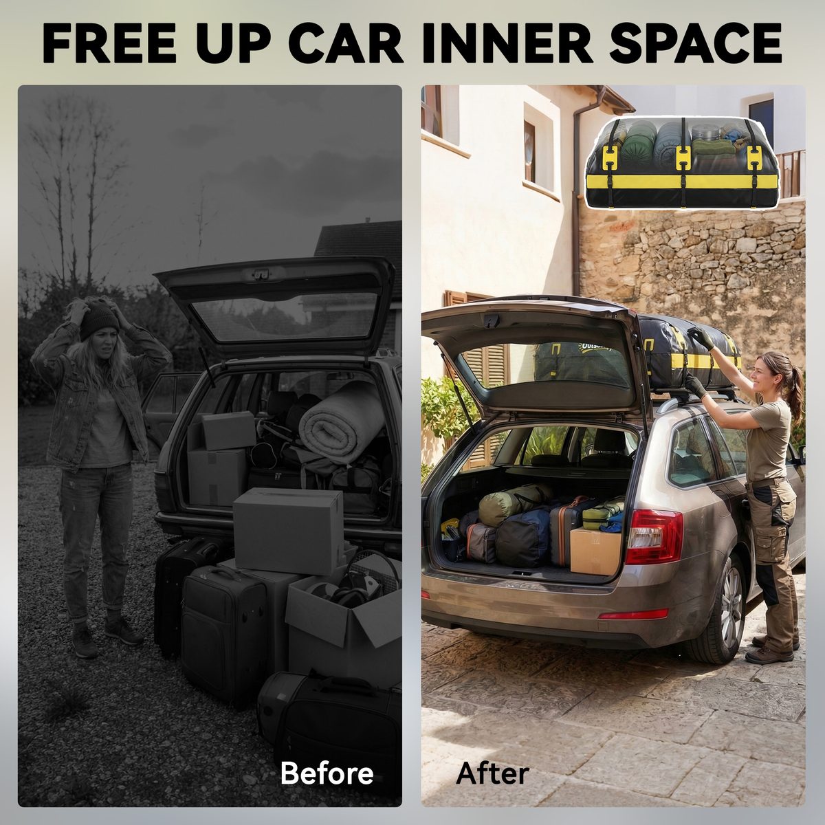  Rooftop Cargo Carrier, 21 Cubic Feet Waterproof Soft-Shell Car Roof Storage Bag w/ Door Hooks, Reflective Arrows, Yellow